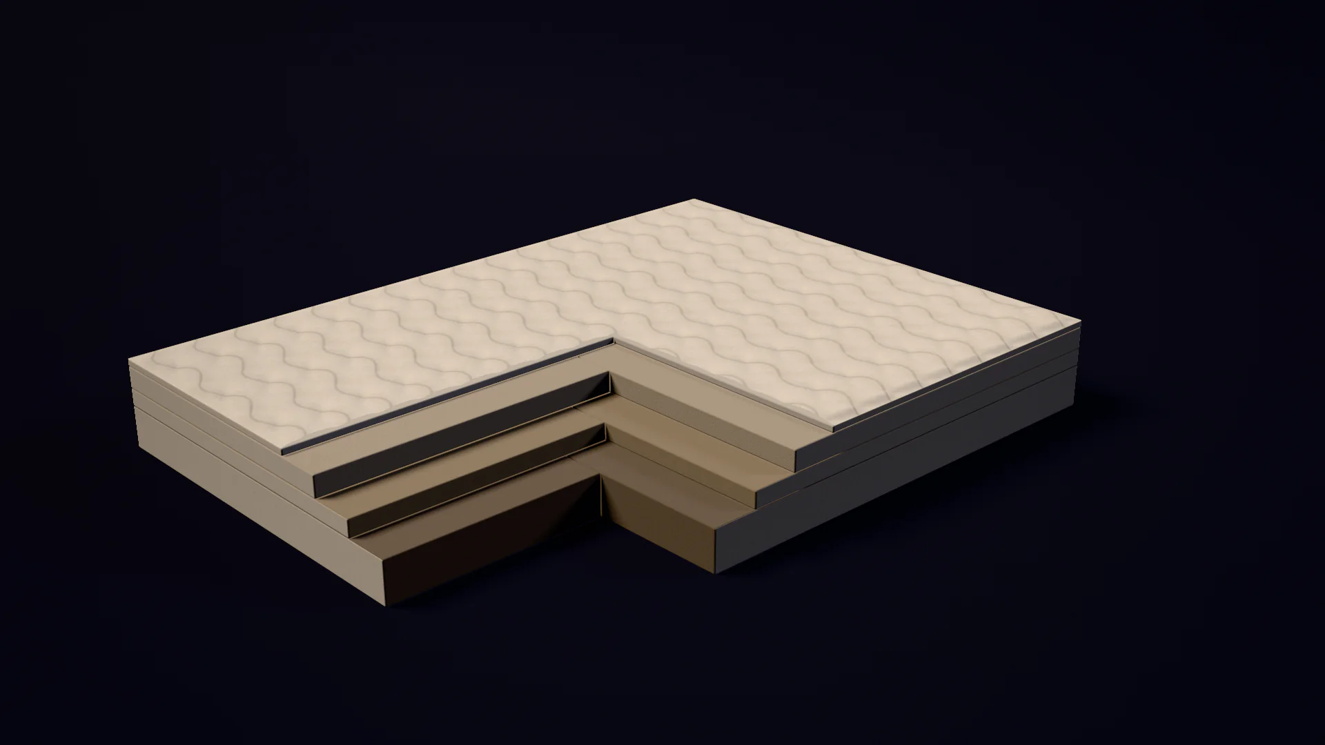 Illustration of a foam mattress cut away to show its typical layers — rendered artwork, not a product photo