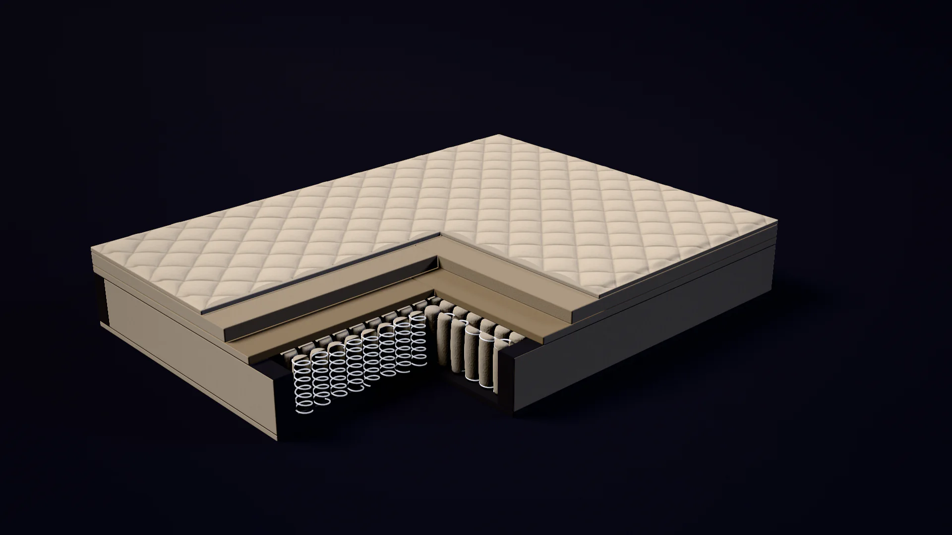 Illustration of a hybrid mattress cut away to show its typical layers — rendered artwork, not a product photo