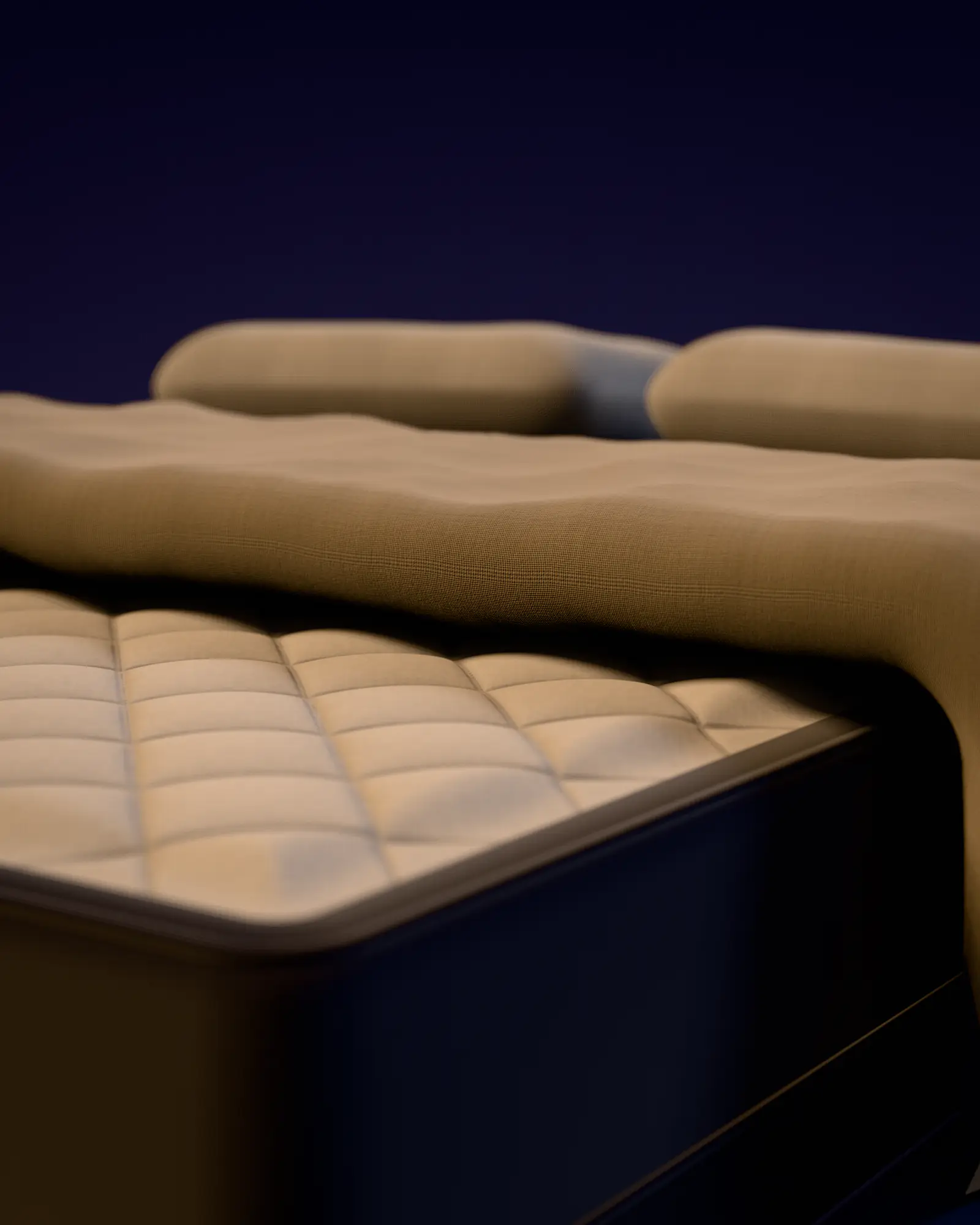 Illustration: close-up of a hybrid mattress's cover, edge and bedding — rendered artwork, not a product photo